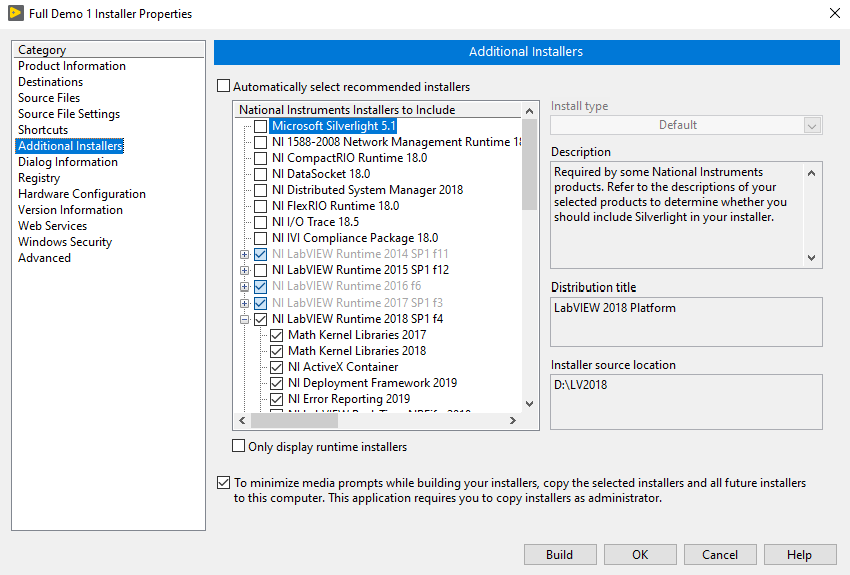 Additional Installers tab of Installer Properties dialog, showing LabVIEW 2018 runtime selected