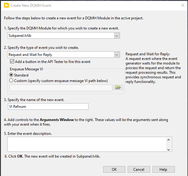 DQMH New Event dialog - create new Request and Wait for Response event