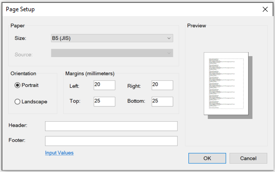 Notepad's Page Setup dialog.  This allows setting paper size, orientation, margins and header and footer text