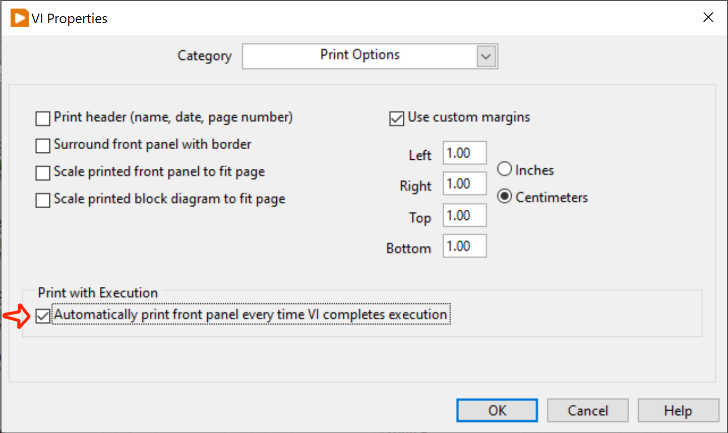 VI Properties dialog showing Print with Execution turned on.  Tickbox description is Automatically print front panel every time VI completes execution